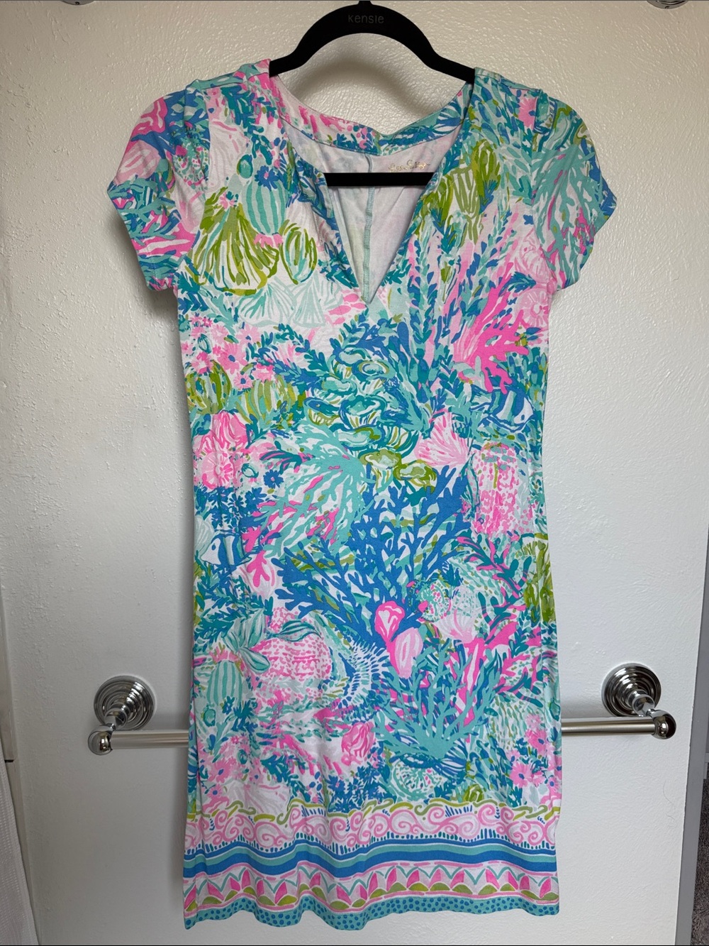 Lilly Pulitzer Marine Seafoam Pink Blue Green Printed Cap-Sleeve Shift Dress